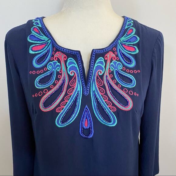 Lilly Pulitzer Navy Beaded Embroidered Tunic Top - Picture 2 of 7